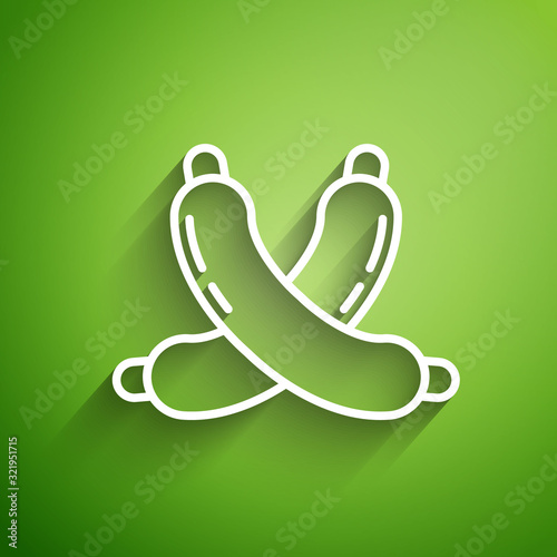 White line Crossed sausage icon isolated on green background. Grilled sausage and aroma sign. Vector Illustration