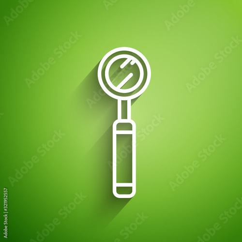 White line Dental inspection mirror icon isolated on green background. Tool dental checkup. Vector Illustration