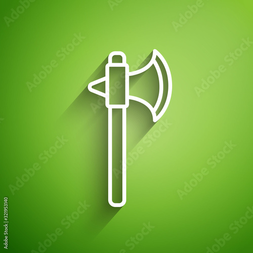 White line Medieval axe icon isolated on green background. Battle axe, executioner axe. Vector Illustration