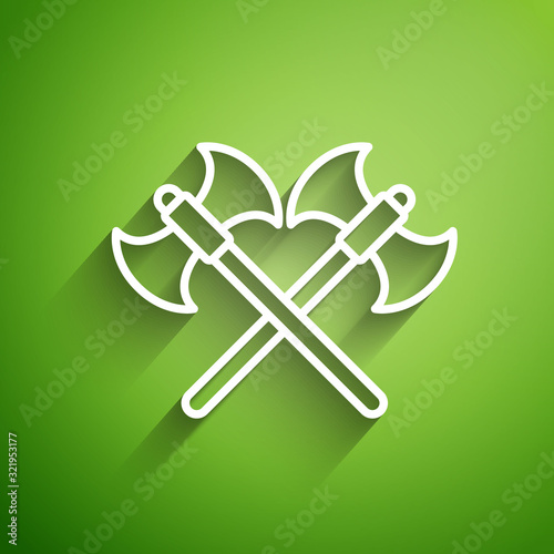 White line Crossed medieval axes icon isolated on green background. Battle axe, executioner axe. Vector Illustration