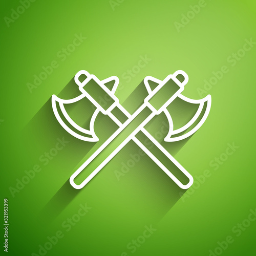 White line Crossed medieval axes icon isolated on green background. Battle axe, executioner axe. Vector Illustration