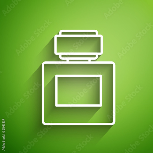 White line Aftershave icon isolated on green background. Cologne spray icon. Male perfume bottle. Vector Illustration