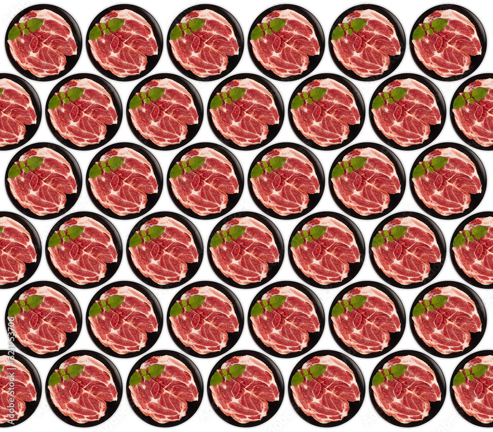 Raw pork neck meat cuts on a plate top view isolated on white background Raw pork neck meat cuts on a plate top view isolated on white background