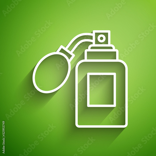 White line Aftershave bottle with atomizer icon isolated on green background. Cologne spray icon. Male perfume bottle. Vector Illustration