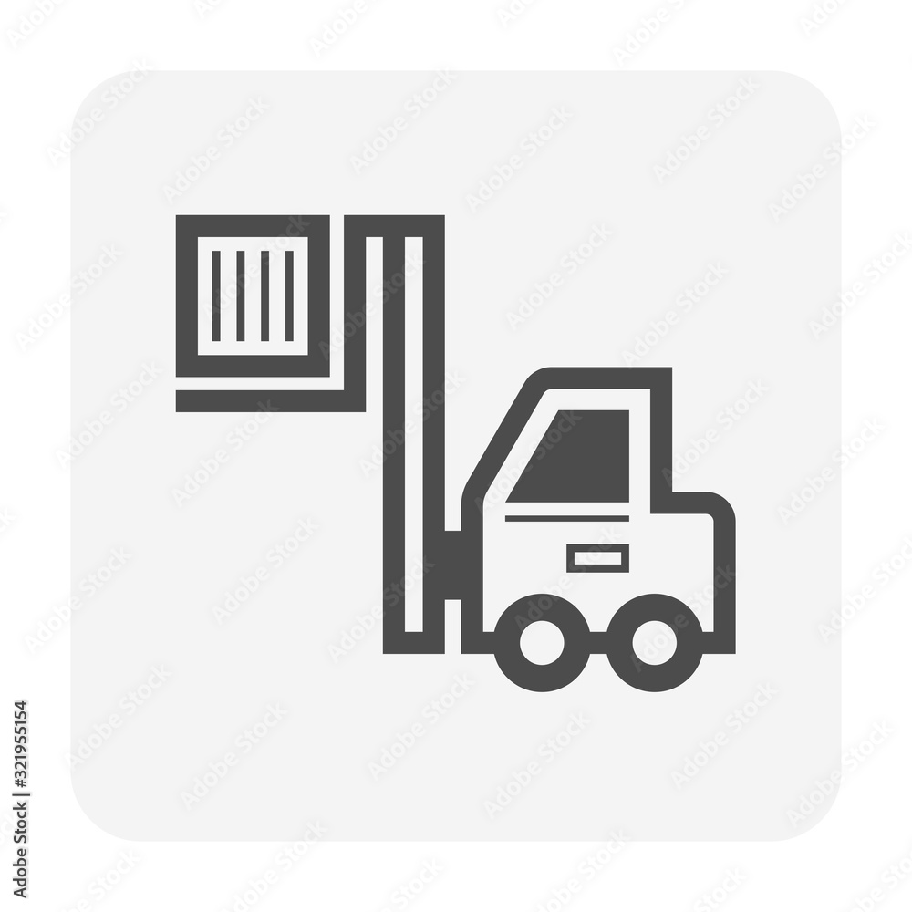 Forklift vector icon. May called fork truck or lift truck. Elevator machine equipment or vehicle for heavy industrial work in warehouse, factory i.e. lift up, raise and delivery. Include crate or box. Forklift vector icon. May called fork truck or lift truck. Elevator machine equipment or vehicle for heavy industrial work in warehouse, factory i.e. lift up, raise and delivery. Include crate or box.