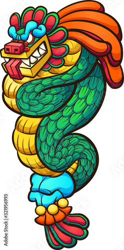 Quetzalcoatl feathered serpent god cartoon. Vector clip art illustration with simple gradients. All on a single layer.