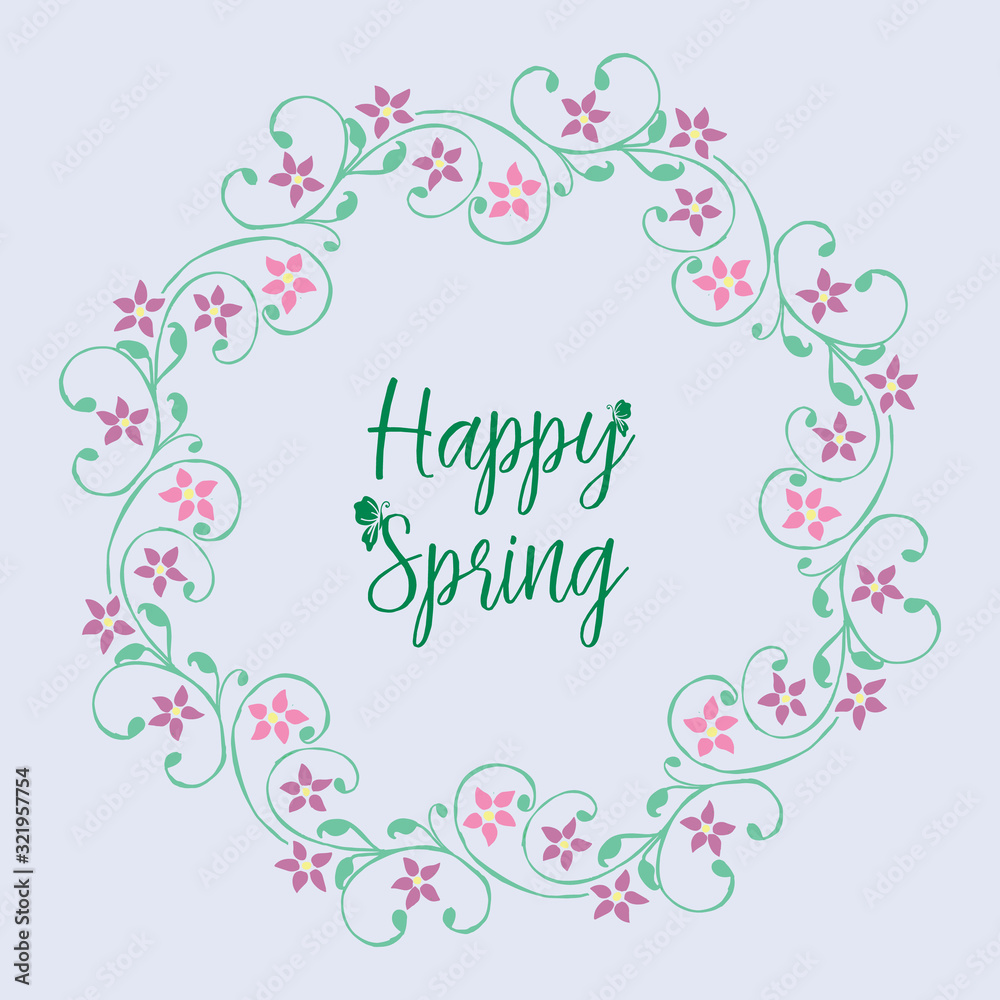 Romantic happy spring greeting card design, with unique leaf and pink wreath frame. Vector