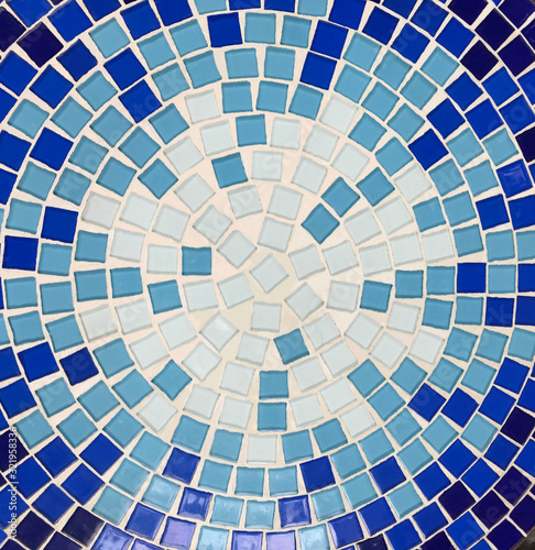 Top view of round blue tile mosaic, background and texture