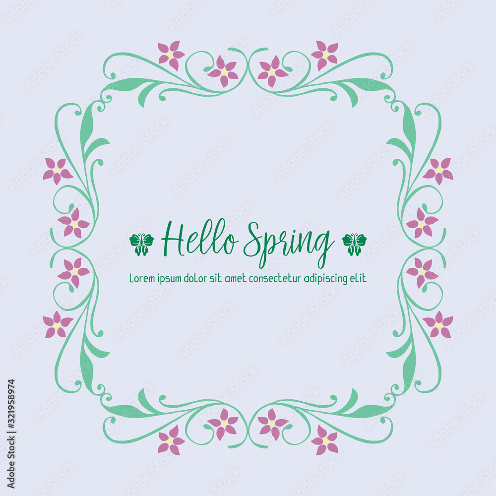 Happy spring greeting wallpaper card design, with seamless pattern of leaf and pink floral frame. Vector