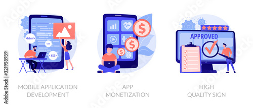 Smartphone software, profit receiving, successful rating icons set. Mobile application development, app monetization, high quality sign metaphors. Vector isolated concept metaphor illustrations