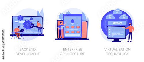 Software engineering, franchise building, cloud computing icons set. Back end development, enterprise architecture, virtualization technology metaphors. Vector isolated concept metaphor illustrations