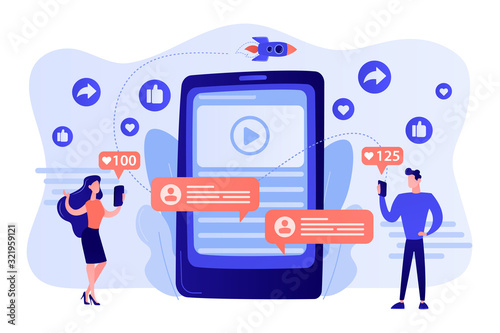 Digital marketing, online advertising, SMM. App notification, chatting, texting. Viral content, internet meme creation, mass shared content concept. Pink coral blue vector isolated illustration