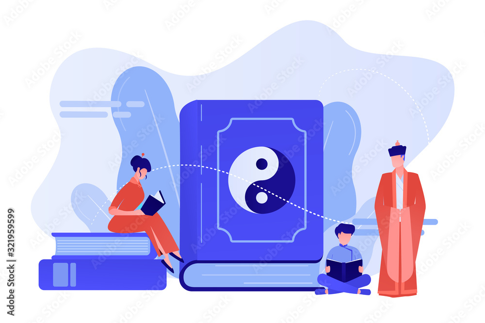Big book with yin-yang and taoism family reading, tiny people. Yin yang Taoism, Daoism and Confucianism, Taoism Chinese philosophy concept. Pinkish coral bluevector isolated illustration Big book with yin-yang and taoism family reading, tiny people. Yin yang Taoism, Daoism and Confucianism, Taoism Chinese philosophy concept. Pinkish coral bluevector isolated illustration