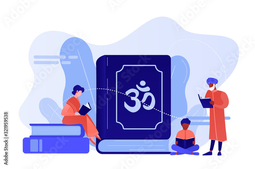 Indian family in traditional clothes reading Hindu texts, tiny people. The Vedas, Books of Knowledge, Hindu sacred text and Hinduism beliefs concept. Pinkish coral bluevector isolated illustration