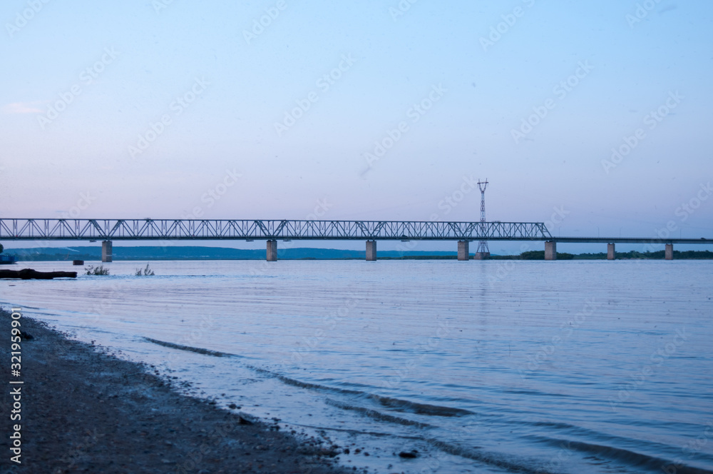 Russia, Blagoveshchensk, July 2019: Bridge over the Amur river in Blagoveshchensk