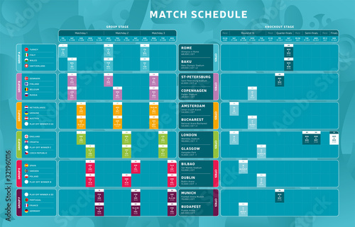 Football 2020 tournament final stage Match schedule, template for web, print, football results table, flags of European countries football championship 2020, vector illustration