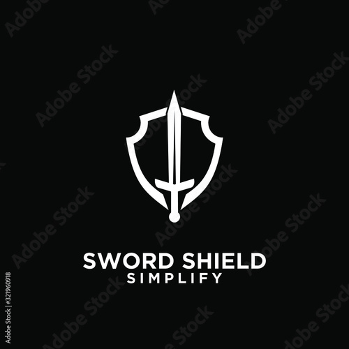 black sword and shield logo icon design vector with dark background