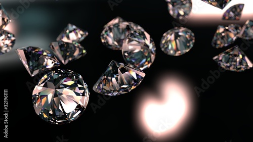 Shiny Diamonds falling on spot light background. 3D illustration. 3D CG. High resolution.