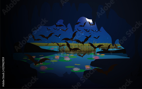 Bats are flying out of the cave at night.	