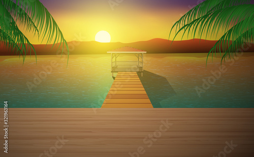 pavilion with wooden walkway at river in the morning	