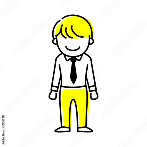 線画の若い男性のイラスト。立っている会社員の男性のペン画風。