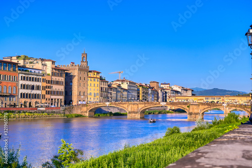A view of the Arno River towards the Ponte Vecchio in Florence  Italy.