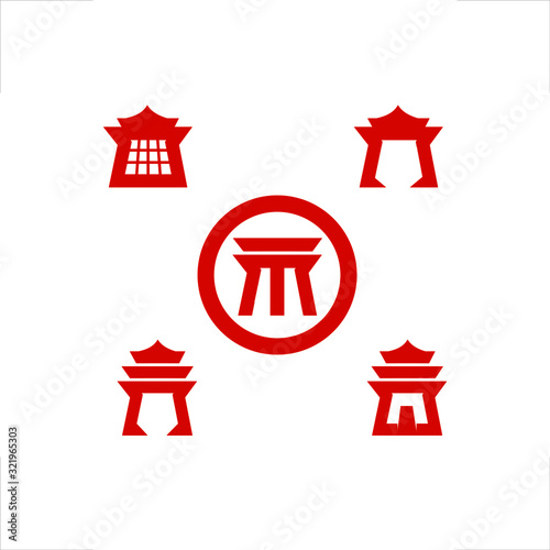   japanese gate logo pagoda temple icon set