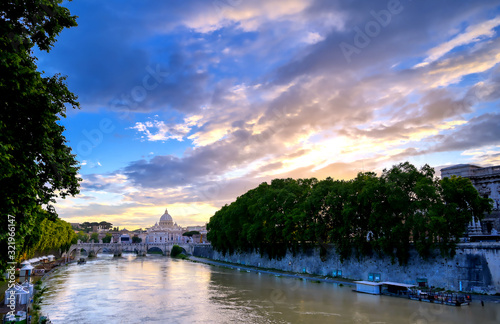 A view along the Tiber River towards Vatican City in Rome  Italy.