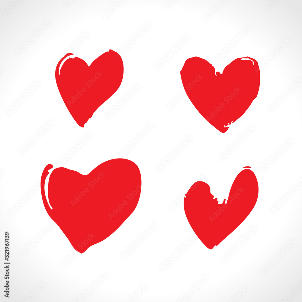 Set of four red freehand drawn hearts. Vector pattern imitation of drawing with a brush.