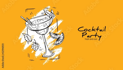 Hand-drawn cocktail on grunge background. Party label, design for cocktail menu or advertising. Decorative print for clothes
