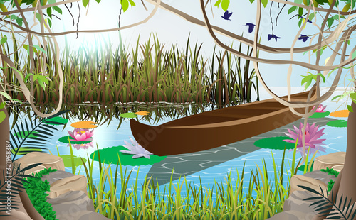 Wooden boat in the swamp in daytime	