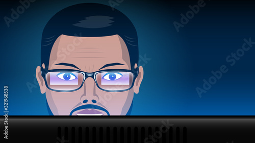 close up man in glasses work computer