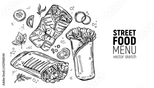 Set of street food. sandwich, fast food, burrito, shawarma, gyros, pita bread, kebab, doner. Hand drawinf sketches