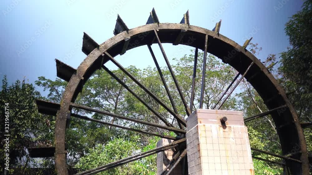 Water turbine from old wood to the waste water treatment footage 4K Water turbine from old wood to the waste water treatment footage 4K
