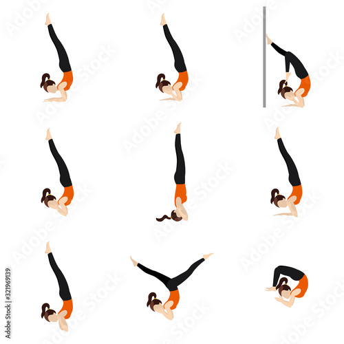 Elbow stand variations yoga asanas set/ llustration stylized woman practicing pincha mayurasana-sayanasana variations photo