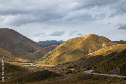 Mountain Road Landscape, Wide Scenic View of Popular Travel Route Lindis Pass New Zealand