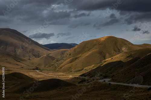 Mountain Road Landscape, Wide Scenic View of Popular Travel Route Lindis Pass New Zealand