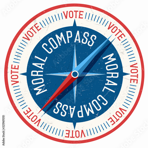 Vector illustration of moral compass on which all directions lead to voting. Concept encouraging citizens that voting in elections is the right thing to do. Take responsibility and vote.