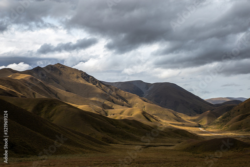 Mountain Road Landscape, Wide Scenic View of Popular Travel Route Lindis Pass New Zealand