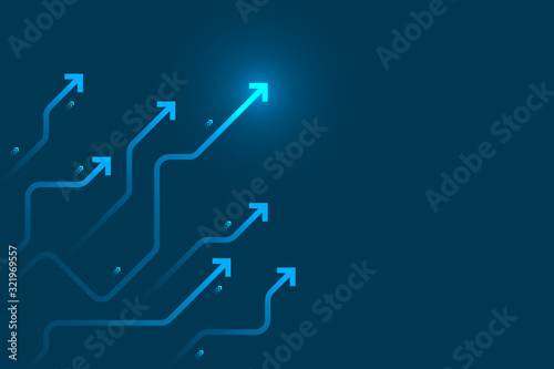 Light arrow circuit on blue background illustration, copy space composition, business growth digital concept.