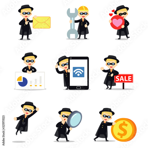 Set character of bandit man wearing masks when robber a bank.
