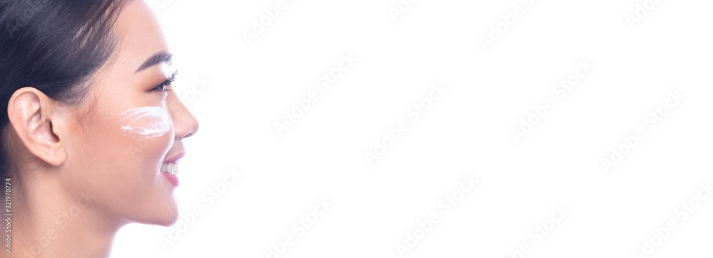 Beautiful Young Asian Woman with Clean Fresh Skin isolate on white background. Spa, Face care, Facial treatment, Beauty and Cosmetics concept. Side shot, big smile. Banner frame. Beautiful Young Asian Woman with Clean Fresh Skin isolate on white background. Spa, Face care, Facial treatment, Beauty and Cosmetics concept. Side shot, big smile. Banner frame.