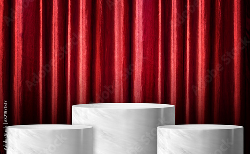 Product display glossy white marble cylinder stand winner podium in three step with red curtain wall background.Banner mockup space for display of product design