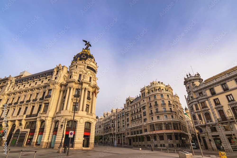 Madrid Spain, city skyline at famous Gran Via shopping street