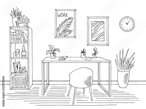 Home office graphic black white interior sketch illustration vector