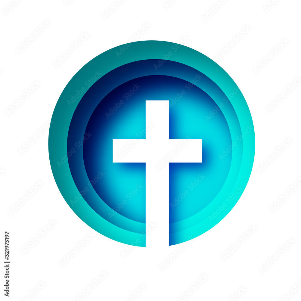 He Is Risen. Easter Banner. Christian cross in paper cut style on blue background. Circle frame. He Is Risen. Easter Banner. Christian cross in paper cut style on blue background. Circle frame.