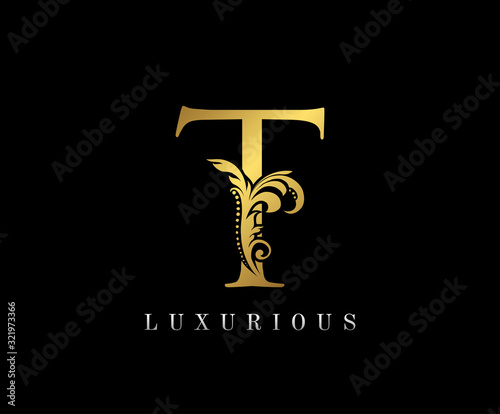 Golden T Luxury Logo Icon, Vintage Floral Gold T Letter Logo Design.