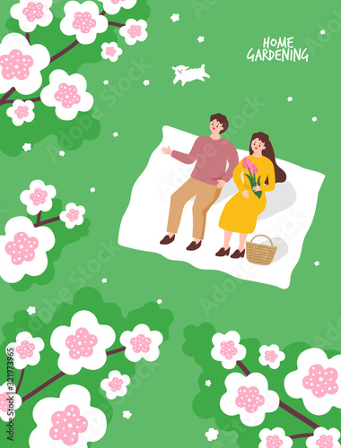Illustration of a garden at home. Flowerpot, plant, interior illustration.