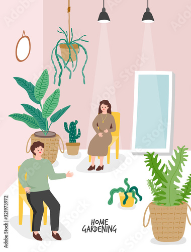 Illustration of a garden at home. Flowerpot, plant, interior illustration.