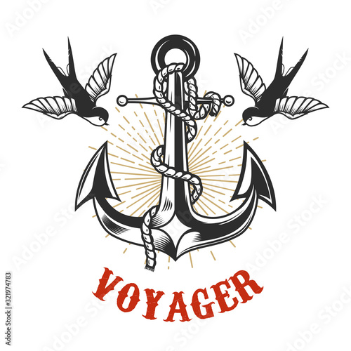 Illustration of vintage anchor with swallows in engraving style. Design element for logo, label, sign, poster, t shirt. Vector illustration